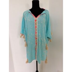 Skemo Turquoise Splatter Tassel Kaftan Tunic Dress Medium Boho Embroidered Mini